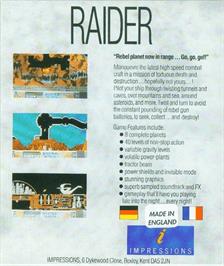 Box back cover for Raider on the Commodore Amiga.